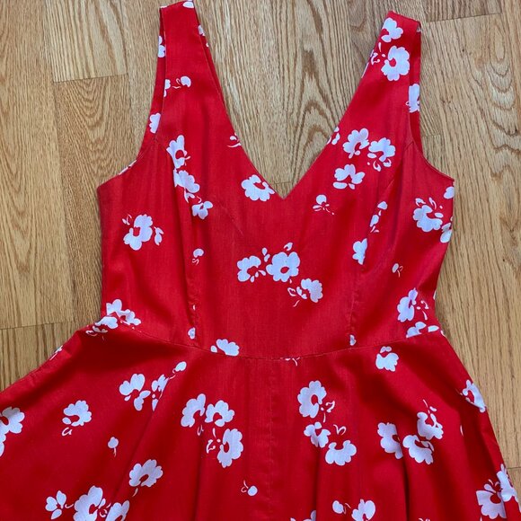 Vintage handmade red & white floral midi circle skirt sleeveless dress pockets - Picture 2 of 12